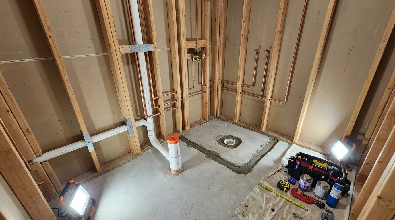 Bathroom rough-in plumbing during remodel by Johns Plumbing LLC in Boyertown