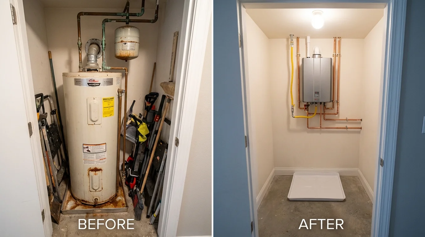 Tank water heater versus wall-mounted tankless unit comparison for Boyertown, PA homeowners