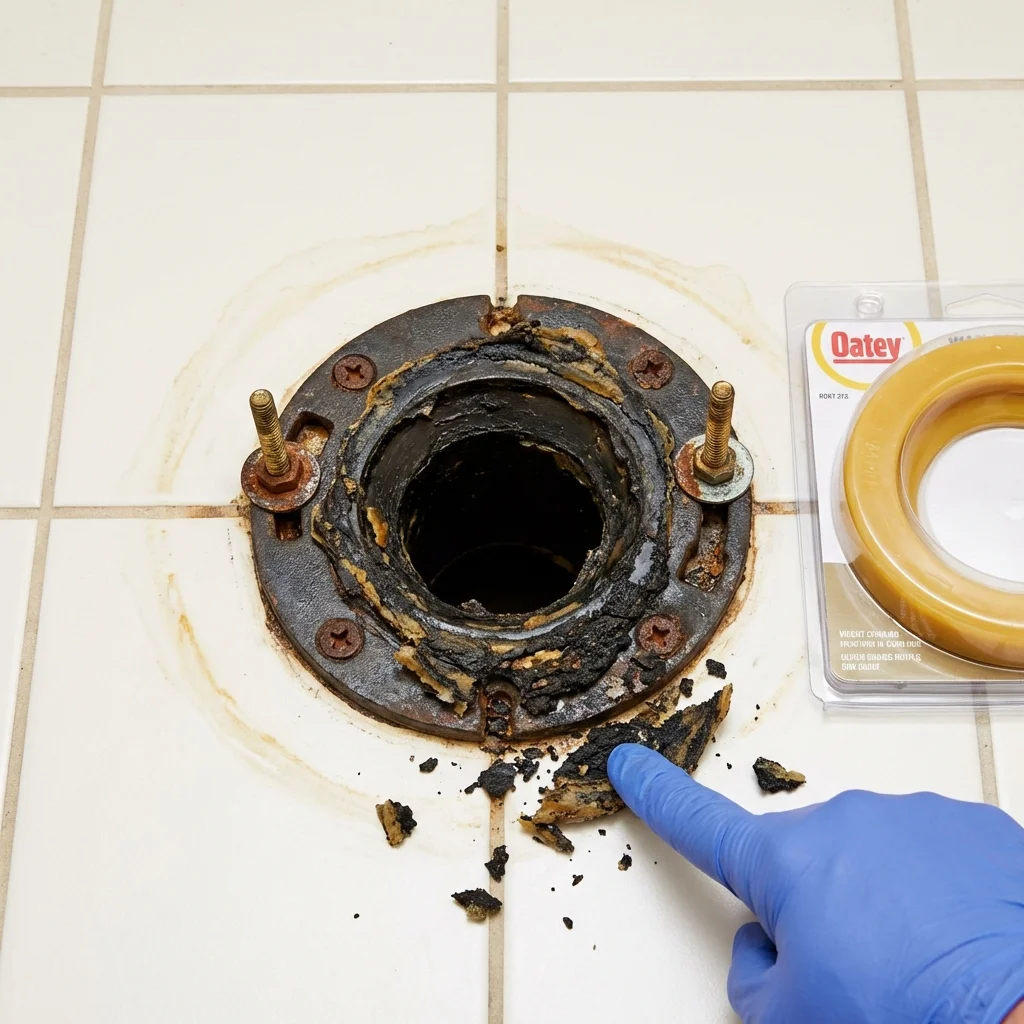 Failed wax ring showing water seepage at the base of a toilet in a Boyertown, PA home