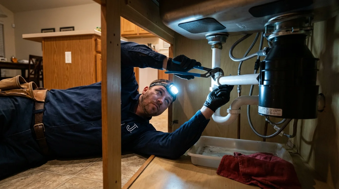 P-trap and supply line connections under a kitchen sink showing a common leak point in Boyertown, PA